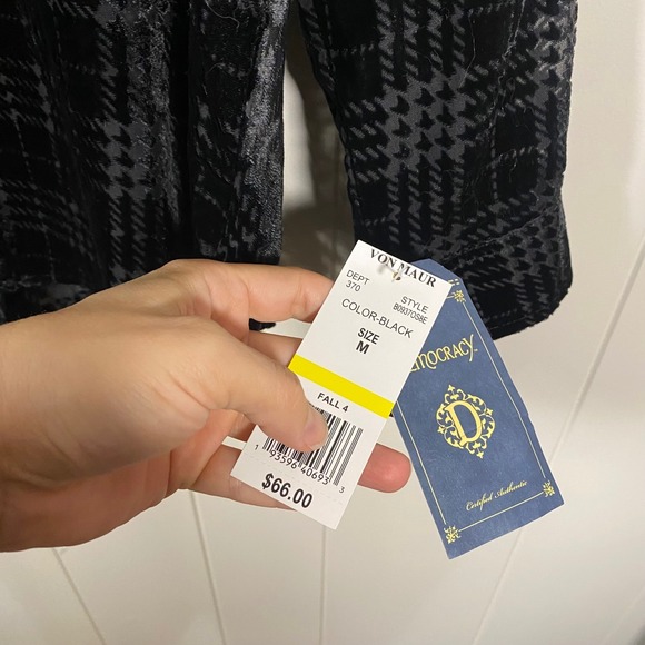 NWT Democracy Black Velvet Houndstooth Burnout Sheer‎ Button Up Shirt M Goth - Picture 5 of 16